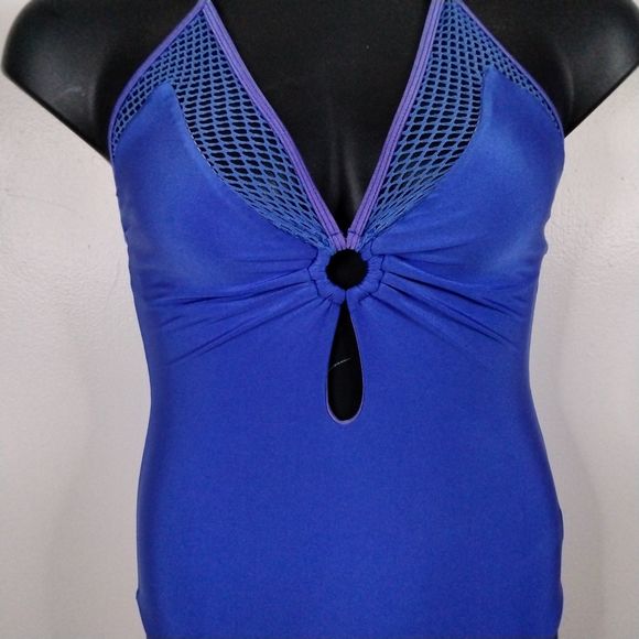 Venus Blue Mesh One Piece Size 4 Sexy Keyhole Plunge Swimwear Swimsuit Deep Back - Picture 4 of 13